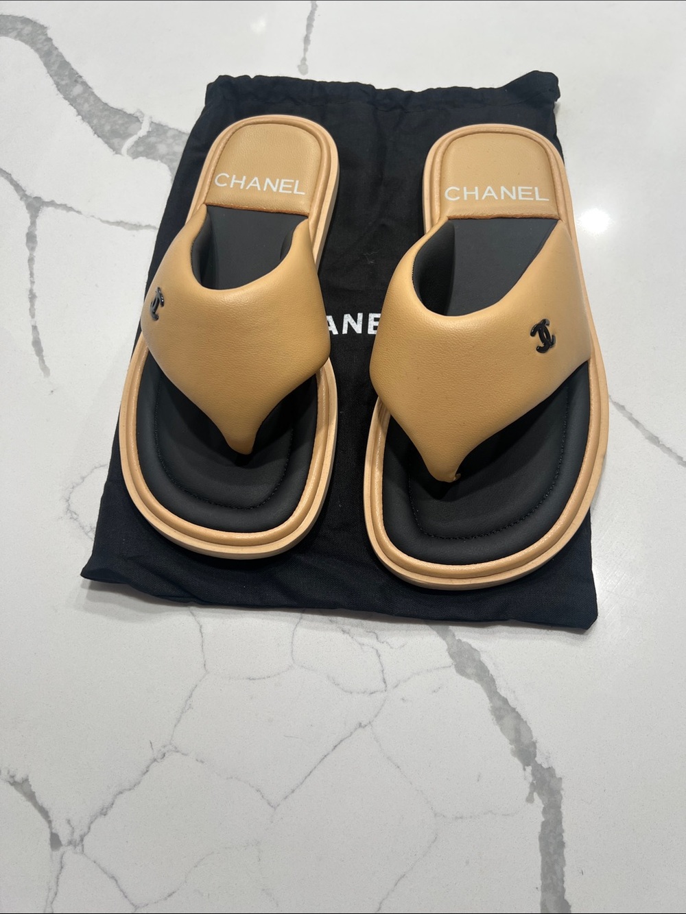 CHANEL Men’s Beige and Black Padded Thong Sandals